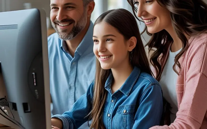 Family working with their computer at home