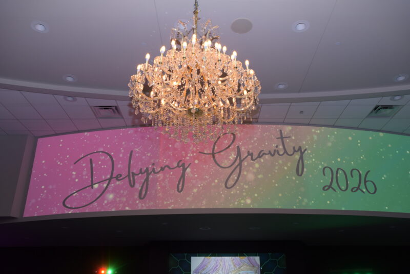 A colorful backdrop featuring the text 'Defying Gravity 2026' in elegant script.